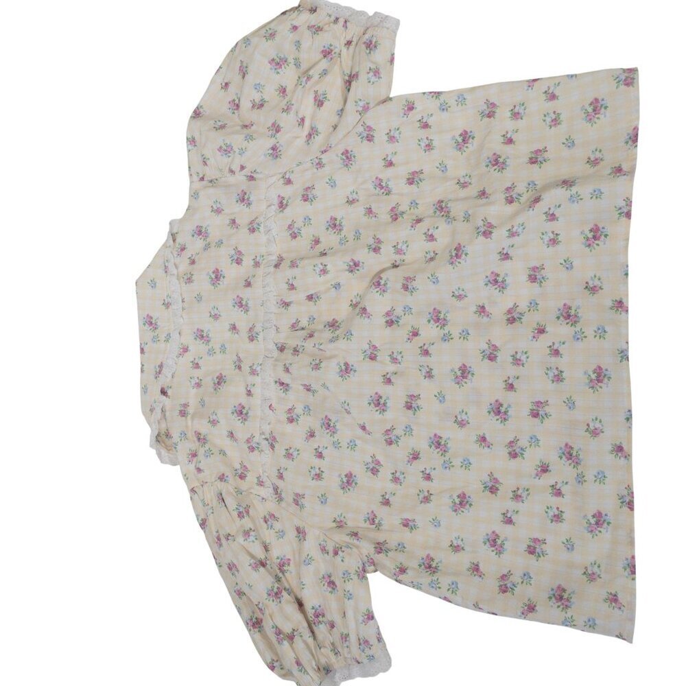 Cottage Core Peach Love Yellow and White Gingham Floral Top SZ S Puff Sleeve - Picture 7 of 13
